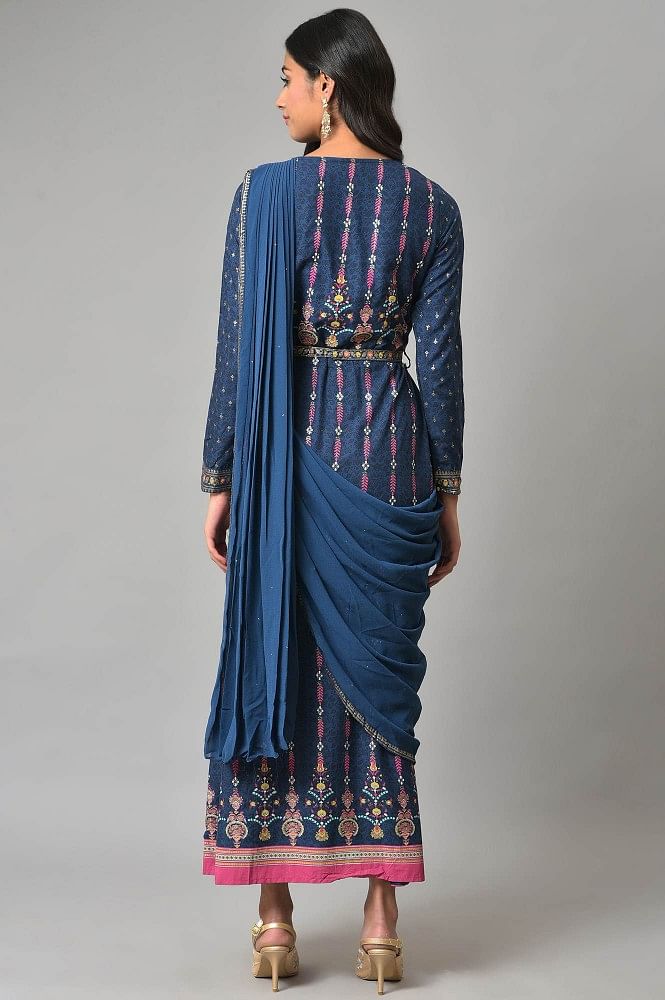 Mala and Kinnary Side Cut-out Draped Saree Gown | Women, Sarees, Pre-draped  Sarees, Saree Gowns, Blue, Pearl, Satin Crepe, Round, Sleeveless at Aza  Fashions, 2024